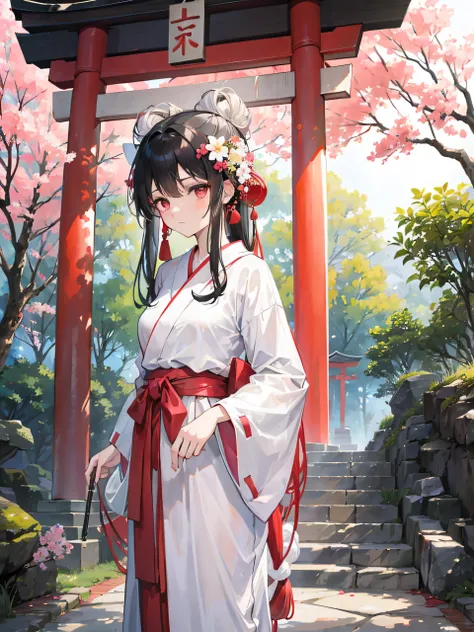 Best quality, masterpiece, high resolution. A young shrine maiden named Kaori stands at the entrance of a serene Shinto shrine. The atmosphere is tranquil, with soft sunlight filtering through tall cedar trees, casting dappled shadows on the stone path. Ka...