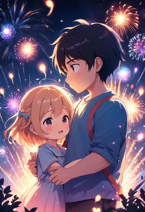 the night，Colorful，Fireworks all over the sky，Heart-shaped bubbles，Child couples，Cartoony，Chubby little girl and little boy hugging each other，Glowing fireflies around，，Cute and cute，KIDS ILLUSTRATION，Glow effects，Dingdall effect，depth of fields，high light...