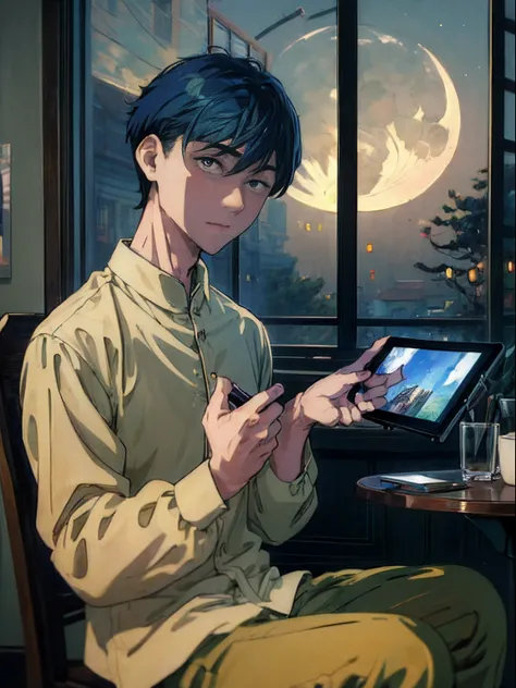 (Masterpiece, Best quality, Extremely detailed:1.5) 18yr old，1boys（blue short hair）pupils，Look at the sky and the moon，Mid-Autumn Festival，Inside the dormitory，Sit and look at the tablet