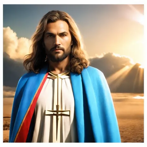 arafed image of a man dressed in a blue robe and a cross, dressed like jesus christ, jesus christ, king of kings, jesus of nazareth, greg olsen, young almighty god, holy themed, wearing cross on robe, portrait of jesus christ, tron legacy jesus christ, jas...