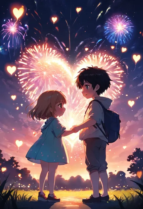 the night，Colorful，Fireworks all over the sky，Heart-shaped bubbles，Child couples，Cartoony，Chubby little girl and little boy hugging each other，Glowing fireflies around，，Cute and cute，KIDS ILLUSTRATION，Glow effects，Dingdall effect，depth of fields，high light...