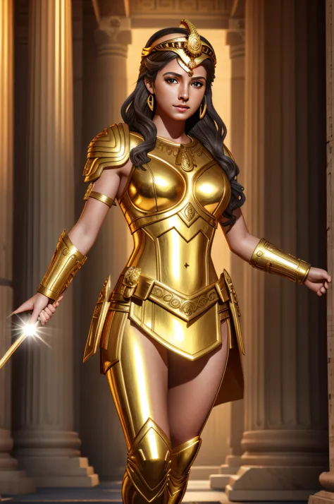 Athena Greek goddess in golden armor, glowing eyes, background of a shinning Greek temple, hyper-detailed, digital art, beautiful lighting, 8k, art station