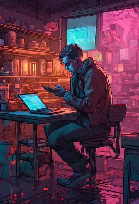 A close-up of short hair, Emaciated sick writer (Man) sits at a table, Watch and tip on laptop, Illuminated by vivid cyberpunk lights . In the background as a mall window，See the futuristic city in an old rusty dusty kitchen with a cyberpunk feel. There we...