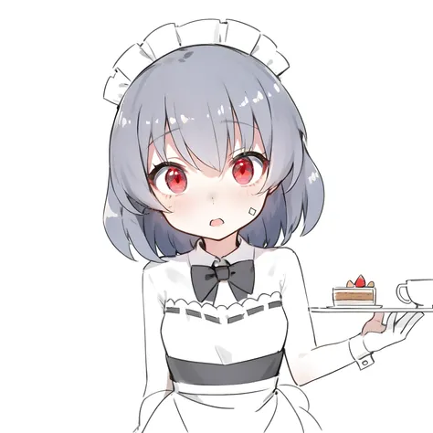 anime girl holding a tray，there is a cake on it, anime visual of a cute girl, anime girl in a maid costume, anime moe art style,...