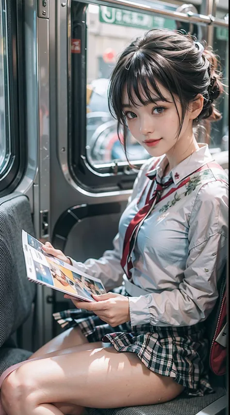 NSFW, 1girl in, Smiling smile, The costume is sheer, de pele branca, slender, Dark hair, short-hair, beauty legs, Small buttocks, Wet, On the Japan train, Sit in the seat, ((Wear clothes on the upper body)), ((Sit in front of the camera)), ((The skirt is d...