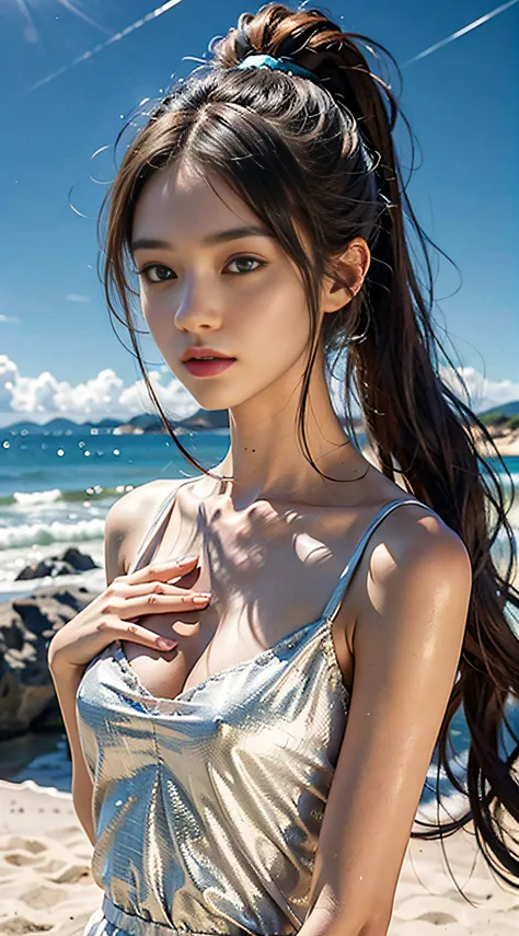 Everyone is captivated, you are the perfect and ultimate idol, you dont appear in the golden ring, everyone will be captivated by him, 20-year-old very cute female idol, looking at the fantastic starry sky on a quiet beach that is not popular, wearing an e...