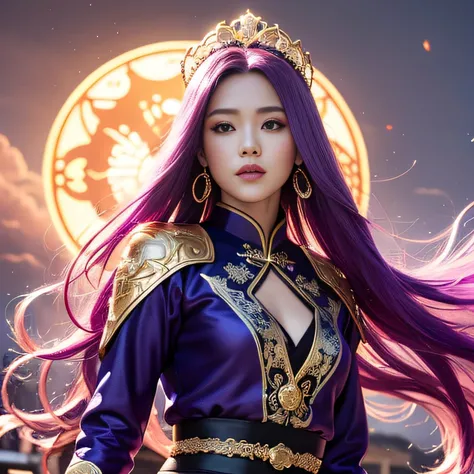 32K（tmasterpiece，k hd，hyper HD，32K）Long flowing bright purple hair，Autumn Pond，zydink， a color，  Asian people （Silly girl）， （Silk scarf）， Combat posture， looking at the ground， long whitr hair， Floating bright purple， Fire cloud pattern gold tiara， Chinese...