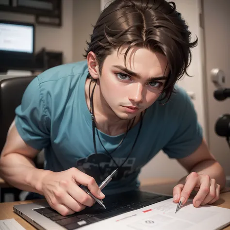 Create a high-quality image where a 19-year-old guy works on a laptop