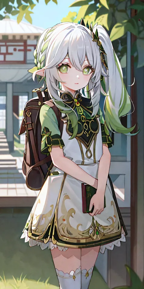 tmasterpiece，best qualityer，1girll，Solo，Nahida_Genshin，Chinese students，（（Chinese school uniform）），Green eyes，More details about the eyes，（（bookbag）），Female Student，Hair is whiter，Green hair，mark cup