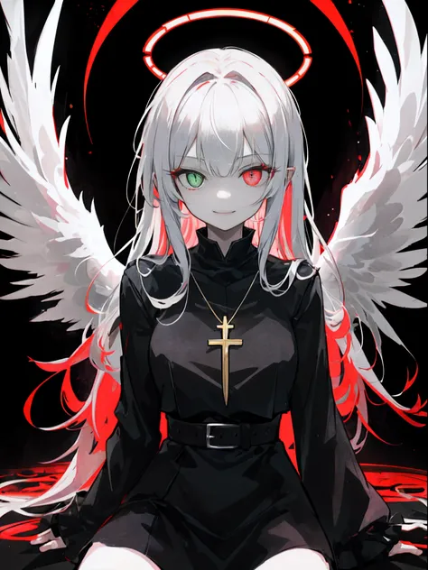 1girl in, (Scary), Holy Angel, Gorgios, on the lap, (red halo), Dark, Glowing eyes, Heterochromia eye, Angel wings, glowing pendant, holy, Sensual milf, black tunic, Feathers, which are full of confidence, Smile, Expressive eyes, collofull eyes, Contrasty,...