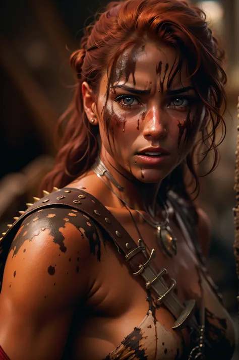 A naked tanned red-haired woman warrior with dark brown, her skin is dripping with sweat and is dirty, filthy, and with large bloodstains, She has a deep bite wound on her left shoulder, dressed only in an animal skin loincloth, and an energy sword attacke...