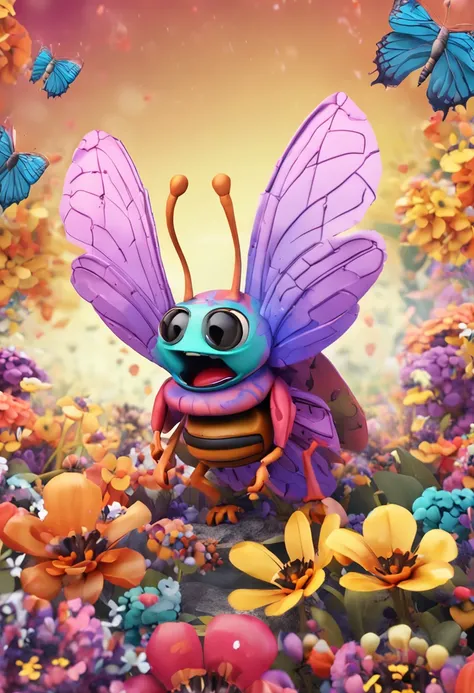 Create an animation of an extremely cute little bee, for illustration for children, with its furry body and delicate wings, flying with an angry countenance in a garden full of multicolored flowers. with blue, red, yellow and white flowers.