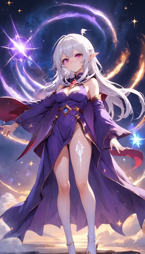 Wearing a purple jumpsuit、Anime girl with white pantyhose and high heels，Short purple cloak and stars, Beautiful celestial mage, White-haired and red-eyed mage, sky witch, female mage!, sorcerer magic witch, astral witch clothes, beautiful wizard, /! sorce...