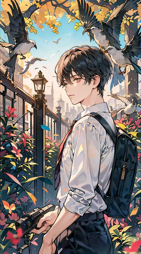 Masterpiece, Best quality, 1boy, Male focus, Handsome, residential area, fence, Spindle tree, Afternoon sun, The way home from school, school uniform, Backpack, Flock of Birds, From the immediate side, Depth of field , looking to the camera