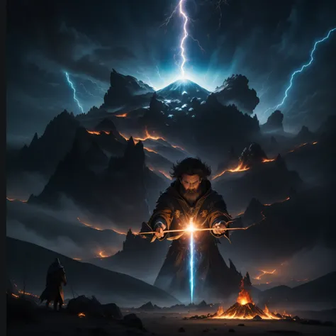 A breathtaking artistic depiction of an epic action scene featuring a wizard, summoning a giant meteor on top of a volcano, explosions of fire, The composition conveys a wizzard summoning hands in air and meteor above his head, is illuminated by flashes of...