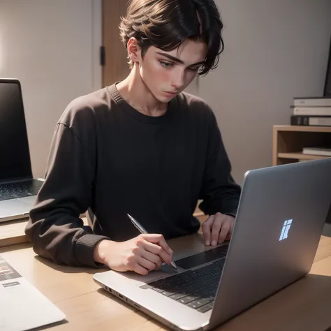 A 19-year-old guy has been working on a laptop without a pen, without a crown, and the laptop also has a screen and fingers on the buttons, a high-quality photo without artifacts