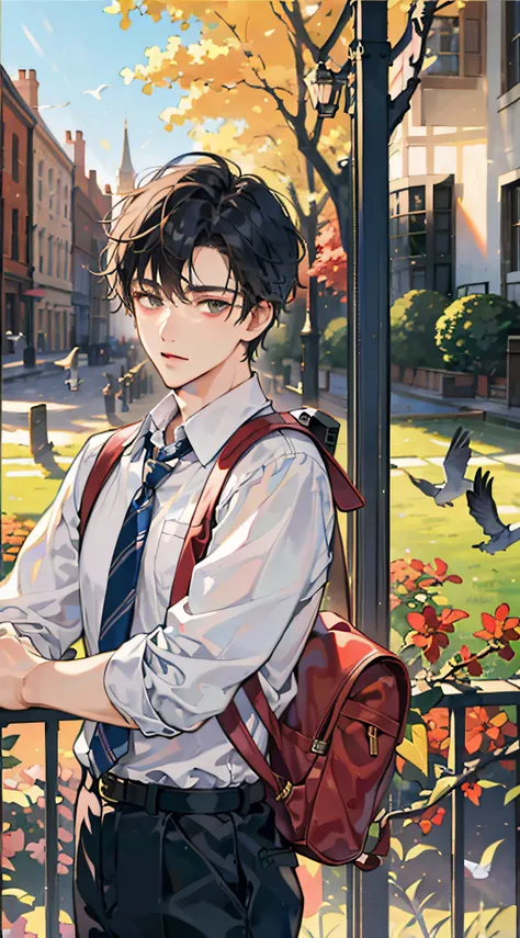 Masterpiece, Best quality, 1boy, Male focus, Handsome, residential area, fence, Spindle tree, Afternoon sun, The way home from school, school uniform, Backpack, Flock of Birds, From the immediate side, Depth of field , looking to the camera