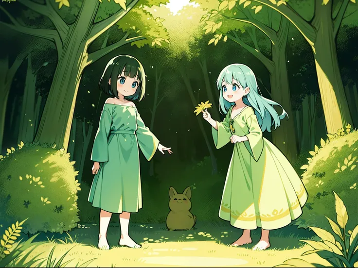 Two Happy Girls and a Boy in a Magical Fairytale Forest, Light-hearted play, Completely naked, round face, big eyes, long eyelashes, full body photographed, smil. Hayao Miyazaki, Spirits of the Forest and Other Small Animals, oblique rays of the sun, Ferns...