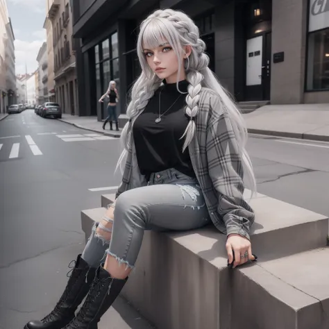 Tall European girl 23 years old with a toned physique. white colored hair, braided into a braid-tail, And the bangs cover one eye, and gray eyes. Black Top, dark gray jeans and high boots, Grey plaid shirt. Silver elements and jewelry