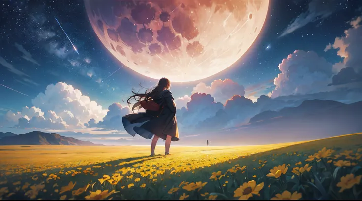 Vast landscape photos, (from below, the sky above, open fields below), a girl standing on a flower field looking up, characters 0.6 (Full Moon: 1.2), (meteors: 0.9), (Nebula: 1.3), distant mountains, trees BREAK Making art, (warm light source: 1.2), (Firef...