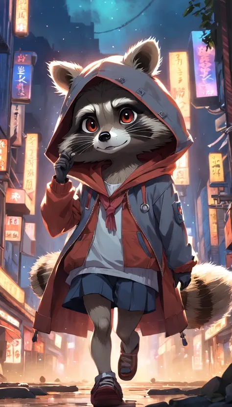 Small anthropomorphic raccoon, roupas estilizadas