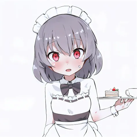 animemanga girl，It was topped with a plate of cake and a strawberry, anime moe art style, Yandere, gapmoe Yandere, ( Waitress ) Girl, anime visual of a cute girl, anime girl in a maid costume, shirabii, small curvaceous loli, Yandere. Tall, Maid outfit, in...