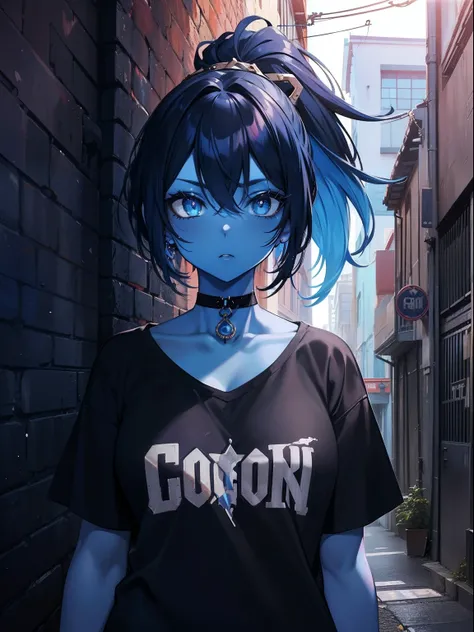 (Masterpiece, Best quality, ultra high resolution),1girl,oni girl,(colored skin,blue skin,blue skin tone),black t-shirt, choker,rock punk fashion, beautiful and detailed face, detailed eyes,in an alleyway,