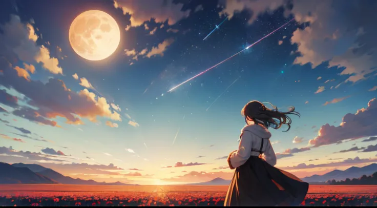 Vast landscape photos, (from below, the sky above, open fields below), a girl standing on a flower field looking up, characters 0.6 (Full Moon: 1.2), (meteors: 0.9), (Nebula: 1.3), distant mountains, trees BREAK Making art, (warm light source: 1.2), (Firef...