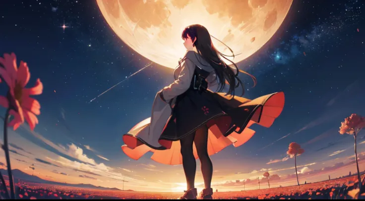 Vast landscape photos, (from below, the sky above, open fields below), a girl standing on a flower field looking up, characters 0.6 (Full Moon: 1.2), (meteors: 0.9), (Nebula: 1.3), distant mountains, trees BREAK Making art, (warm light source: 1.2), (Firef...