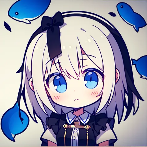 fish on the head, solo, 1 girl, looking at viewer, upright, concept art, white background, simple background, white hair, gradient hair, short sleeves, watercolor pencil, expressionless, blush, virtual youtuber