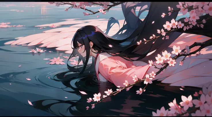 and the wind，Gorgeous erosion，花魁，Long black hair，sakura flowers falling，Night scene，water glow，illumination