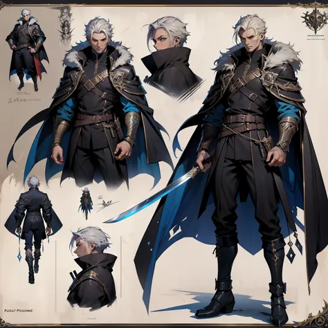 a close-up of a person with a sword and fur coat, Art du personnage masculin humain, Conception des personnages masculins, Incroyable concept art de personnage 8K, Conception des personnages de guerriers, RPG concept art personnage, detailed full body conc...