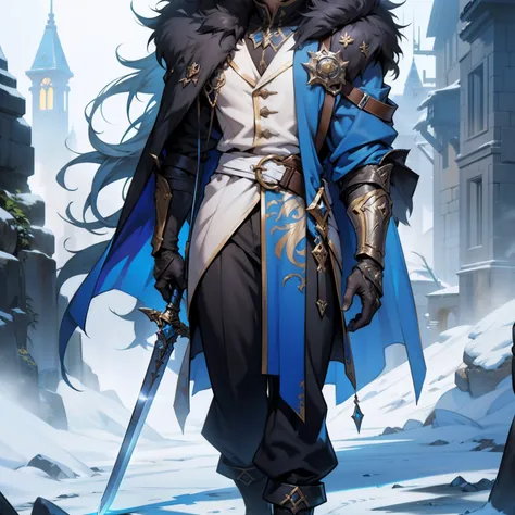 a close-up of a person with a sword and fur coat, Art du personnage masculin humain, Conception des personnages masculins, Incroyable concept art de personnage 8K, Conception des personnages de guerriers, RPG concept art personnage, detailed full body conc...