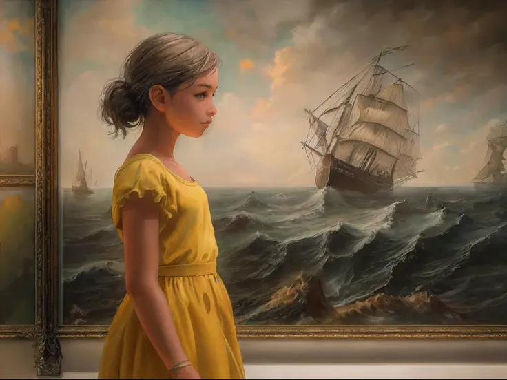 a picture of a young girl looking at an oil painting in a museum, the girl wearing a yellow dress (best details, masterpiece, be...