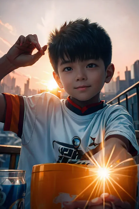 tmasterpiece，best qualityer，cinematic Film still from，1 Boy Central，natta，starrysky，Cloud Boy，floating into the sky，Close-up，brightly，cheerfulness，Soft lighting and warmth，Sun sunset，spark of light