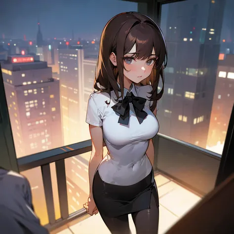 ((Best quality, 8K, Masterpiece :1.3)), Whole body, Sharp focus :1.2, Pretty Women with Perfect Figure :1.4, Slender abs :1.2, ((Dark brown hair, Big breasts :1.2)), Body dress :1.1, (night cityscape, Modern Balcony :1.1), Highly detailed face and skin tex...