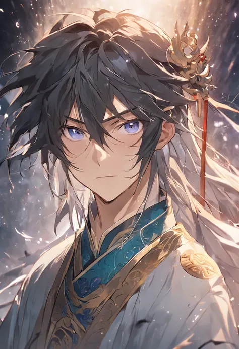 male people、Young men、Chinese ancient style、Long hair as white as snow、Delicate facial features、Enchanting and handsome、Sapphire eyes、knight-errant、Ultimate facial details、extreme hight detail