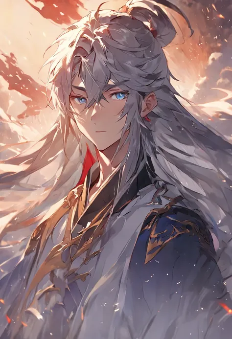 male people、Young men、Chinese ancient style、Long hair as white as snow、Delicate facial features、Enchanting and handsome、Sapphire eyes、knight-errant、Ultimate facial details、extreme hight detail