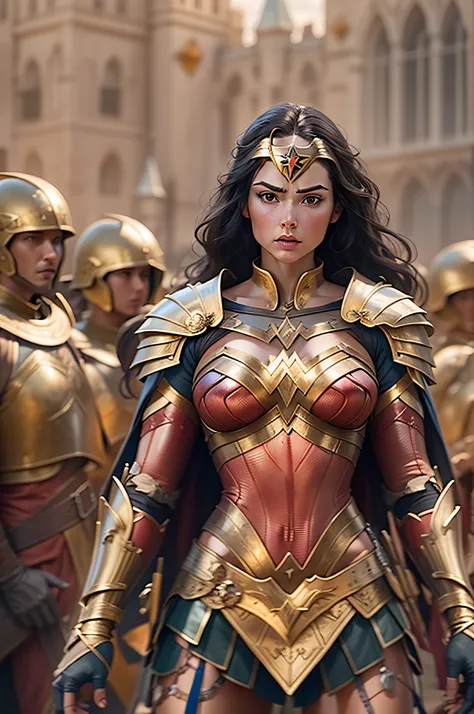 Hundreds of Wonder Woman medieval female army in paladin armor low full body view far away wide lens, hyper-detailed army, hyper-detailed body, hyper-detailed face, golden castle background, realistic, 3rd person POV, third person point of view,