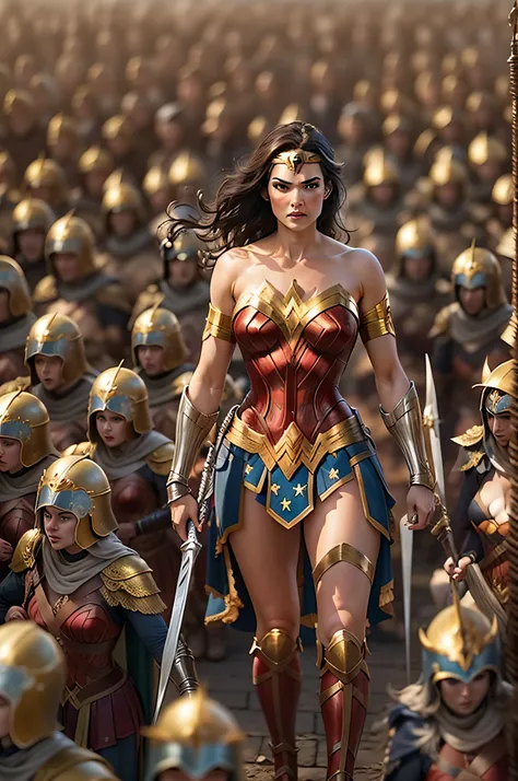 Hundreds of Wonder Woman medieval female army in paladin armor low full body view far away wide lens, hyper-detailed army, hyper-detailed body, hyper-detailed face, golden castle background, realistic, 3rd person POV, third person point of view,