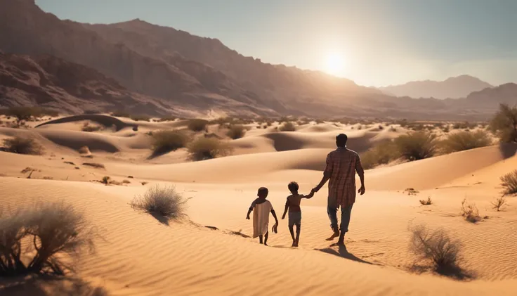 HOMEM VELHO, SENTADO NA AREIA, IN THE DESERT NEXT TO A CHILD, OLHANDO PARA AS ESTRELAS, realistico,