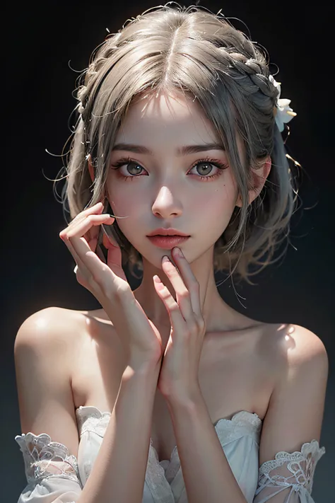 The whole body is beautiful and gorgeous Final Fantasy style, Astral Deva, Headshot, Goddess, Shiny skin, random hair style, Silver hair color, Sepia skin tone, random eyes color, Female, Clean and very detailed face and hands, analogous colors, Glowing sh...