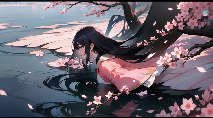 and the wind，Gorgeous erosion，花魁，Long black hair，sakura flowers falling，Night scene，water glow，illumination