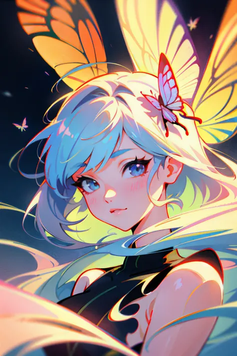 a close up of a woman with a bunch of butterflies in her hair, inspired by Ross Tran, ross tran style, loish and ross tran, in the style of ross tran, alphonse mucha and rossdraws, ross tran 8 k, by Ross Tran, beautiful anime art, rossdraws pastel vibrant,...