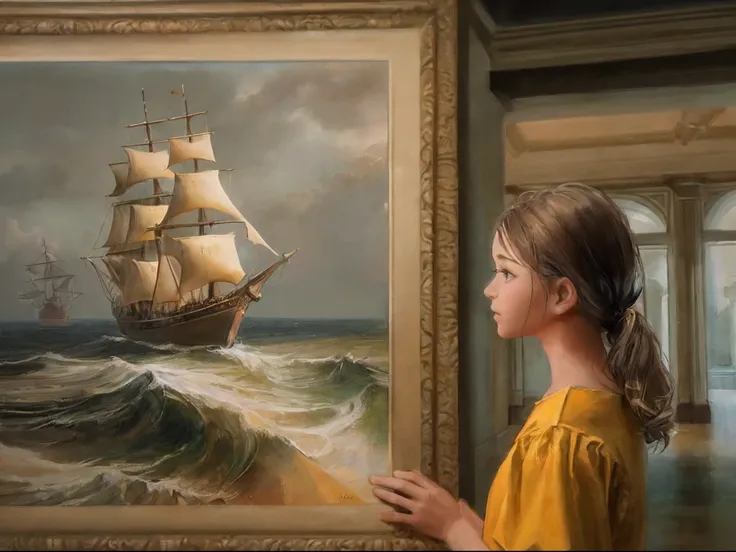 a picture of a young girl looking at an oil painting in a museum, the girl wearing a yellow dress (best details, masterpiece, be...