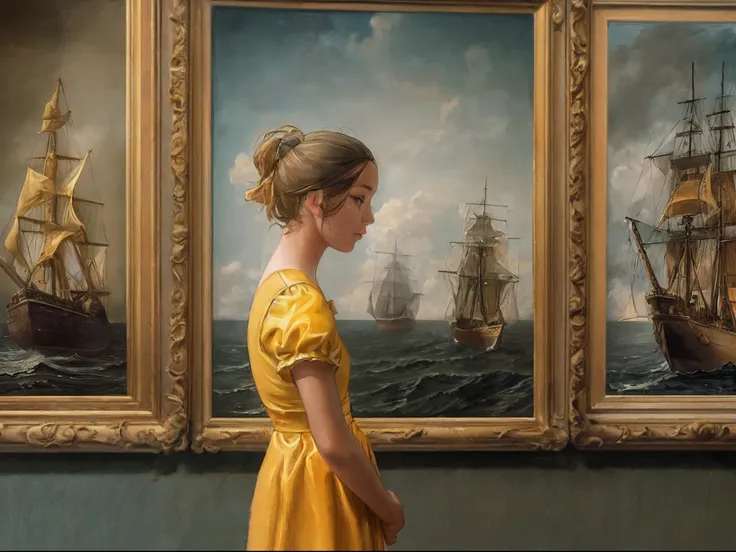 a picture of a young girl looking at an oil painting in a museum, the girl wearing a yellow dress (best details, masterpiece, be...