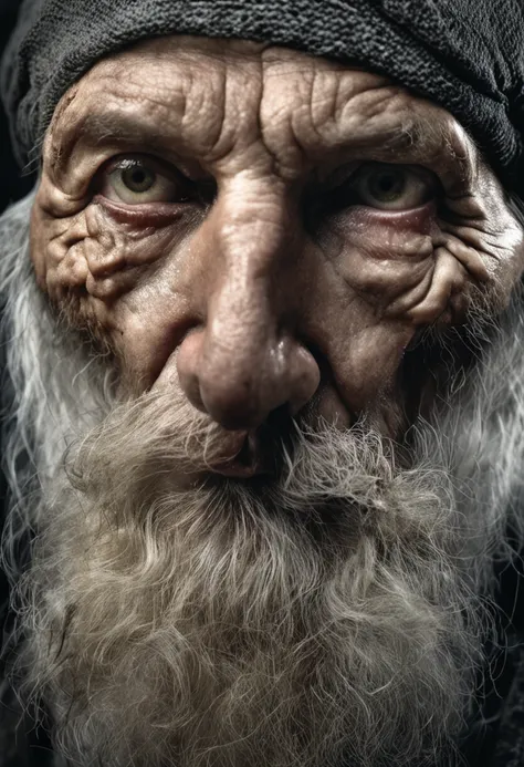 Epic close-up portrait，Strong sinister eyes in later years，Long white beard，Long Nose，(bald-headed：1.5)，Framed with faded old clothes, Tattered white linen hood，reflecting golden sparks in the irises of the eyes，White eyebrows，is in night，dramatic  lightin...