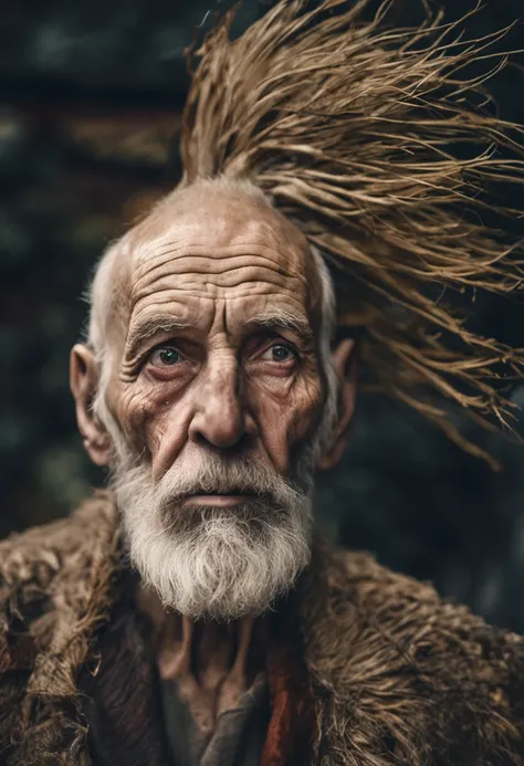 Epic close-up portrait，Strong sinister eyes in later years，Long white beard，Long Nose，(bald-headed：1.5)，Framed with faded old clothes, Tattered white linen hood，reflecting golden sparks in the irises of the eyes，White eyebrows，is in night，dramatic  lightin...