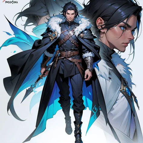 a close-up of a person with a sword and fur coat, Art du personnage masculin humain, Conception des personnages masculins, Incroyable concept art de personnage 8K, Conception des personnages de guerriers, RPG concept art personnage, detailed full body conc...