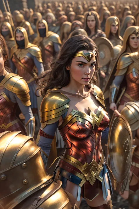 Hundreds of Wonder Woman medieval female army in paladin armor low full body view far away wide lens, hyper-detailed army, hyper-detailed body, hyper-detailed face, golden castle background, realistic, 3rd person POV, third person point of view,